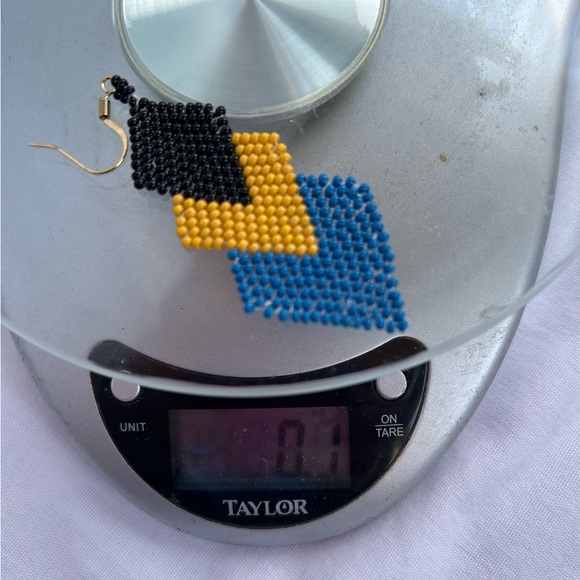 Handmade Seed Bead Blue/Yellow/Black Dangle Earrings - Picture 7 of 8